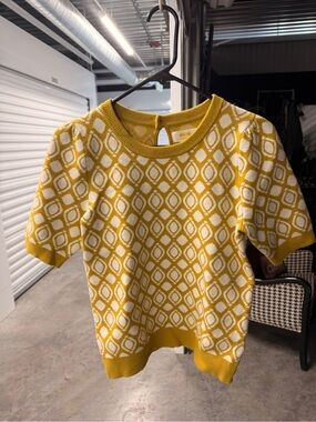 Maeve Yellow and White Geometric Short-Sleeve Knit Sweater